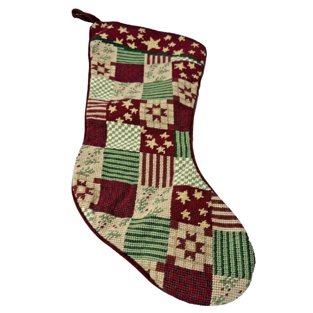 HM Patchwork Christmas Stocking Wool Farmhouse Country Star Quilt Cottage #3